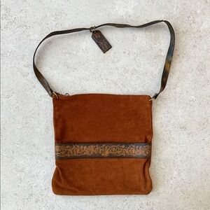 Vintage Leather Accent Brown Suede Crossbody Bag